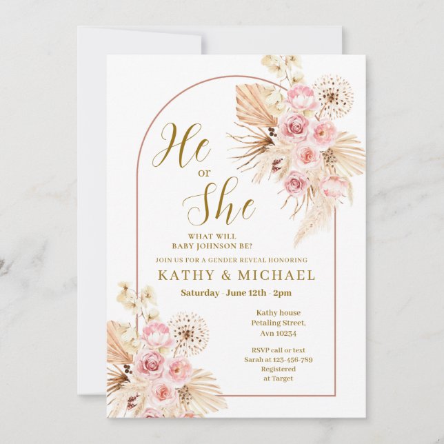 Pink Boho Pampas He or She Gender Reveal  Invitation (Front)