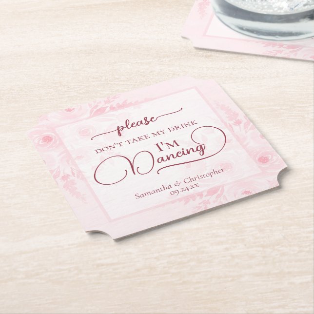 Pink Boho Peonies Don't Take My Drink Wedding Paper Coaster (Angled)