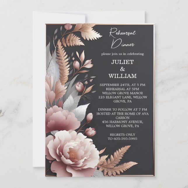 Pink Boho Peony Garden Dusty Rose Rehearsal Dinner Invitation (Front)