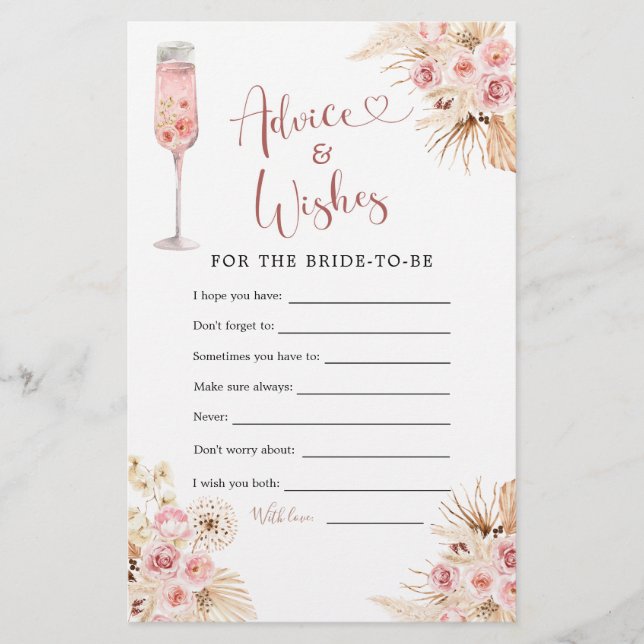 Pink Boho Petals and Prosecco Advice & Wishes Card (Front)