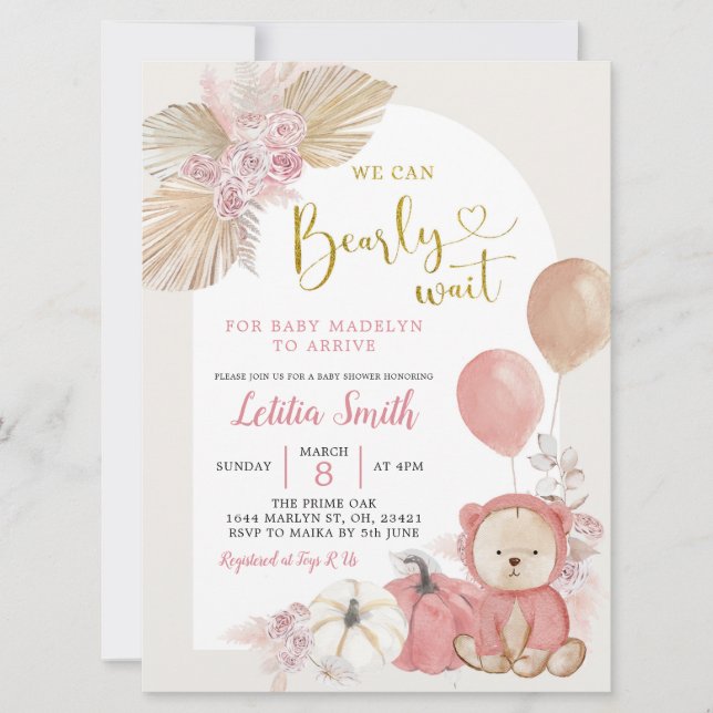 Pink Boho Pumpkin Bear Baby Shower Invitation (Front)