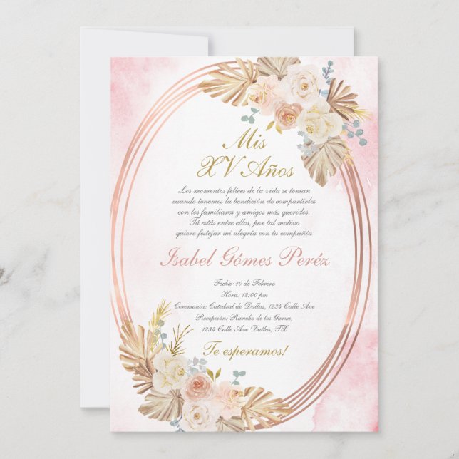 Pink boho Quinceanera invitation in Spanish (Front)