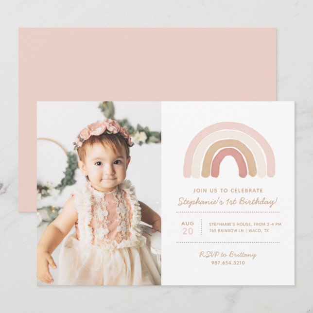 Pink Boho Rainbow Girl Birthday Party Photo Invitation (Front/Back)