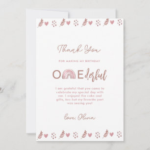 Pink Boho Rainbow Isn't She Onederful  Thank You Card
