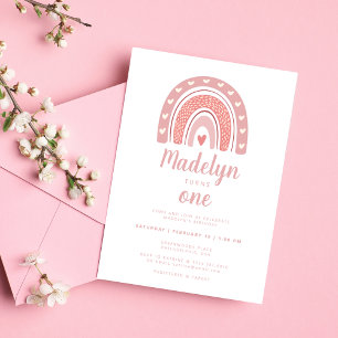 Pink Boho Rainbow Pattern First Birthday Invitation