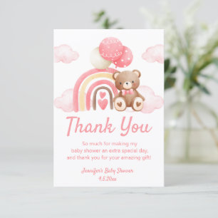 Pink Boho Rainbow Teddy Bear Girl Baby Shower Thank You Card