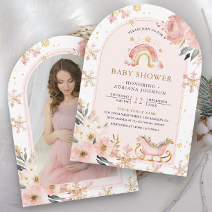Pink Boho Rainbow Winter Photo Baby Shower Invitation