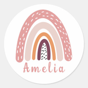 Pink Boho Rainbow with Personalised Name Classic Round Sticker
