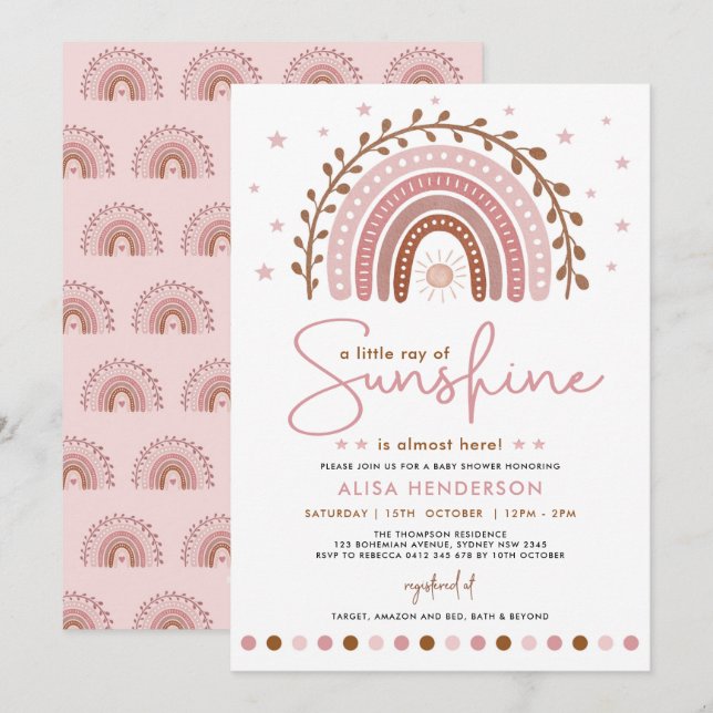 Pink Boho Ray of Sunshine Rainbow Girl Baby Shower Invitation (Front/Back)