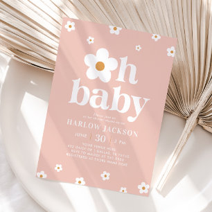 Pink Boho Retro Daisy Baby Shower Invitation