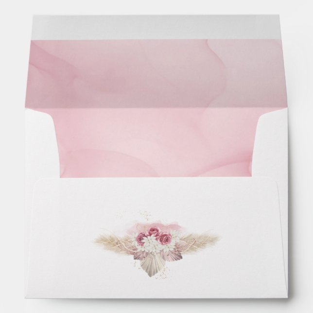 Pink Boho Rose Dry Palm Leaves Return Address Envelope (Back (Bottom))