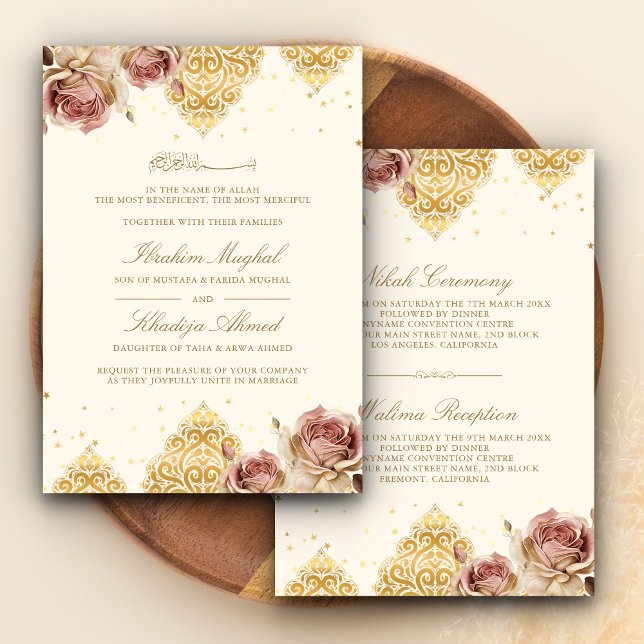 Pink Boho Rose Islamic Motif Cream Muslim Wedding Invitation (Creator Uploaded)