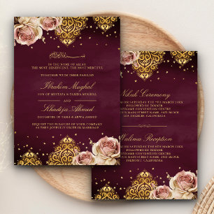 Pink Boho Rose Islamic Motif Plum Muslim Wedding Invitation