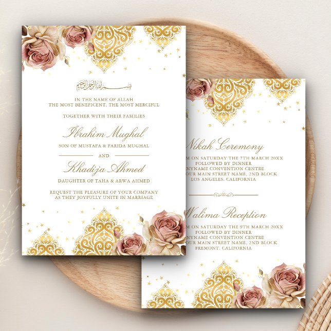 Pink Boho Rose Islamic Motif White Muslim Wedding Invitation (Creator Uploaded)