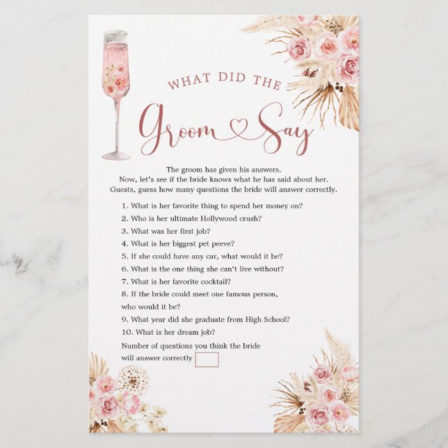 Pink Boho Rose Soiree Bridal Shower Groom Say Game (Front)