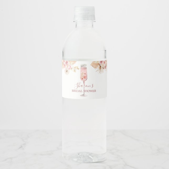 Pink Boho Rose Soiree Bridal Shower Water Bottle Water Bottle Label (Front)