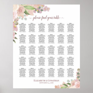 Pink Boho Roses 30 Table Wedding Seating Chart