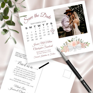 Pink Boho Roses Photo & Calendar Save the Date Announcement Postcard