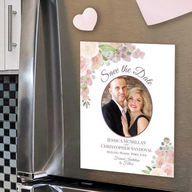 Pink Boho Roses Wedding Save the Date Photo Magnet (Creator Uploaded)