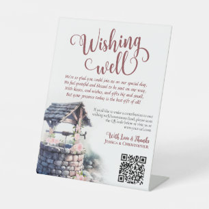 Pink Boho Roses Wedding Wishing Well QR Code Pedestal Sign