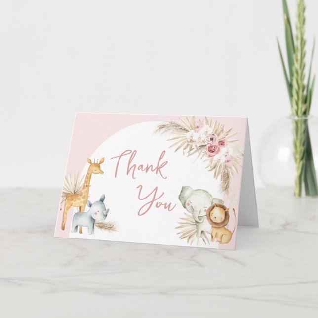 Pink Boho Safari Animals Baby Shower Thank You Card (Front)