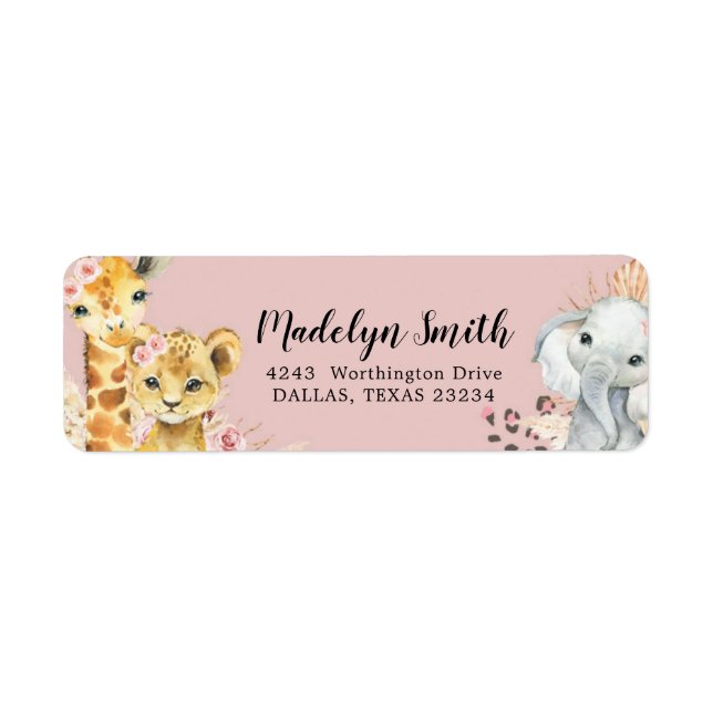 Pink Boho Safari Party Animals Girl Address Label (Front)
