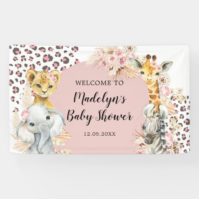 Pink Boho Safari Party Animals Girl Large Banner (Horizontal)