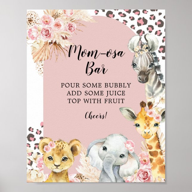 Pink Boho Safari Party Animals Girl Mum-osa Bar Poster (Front)