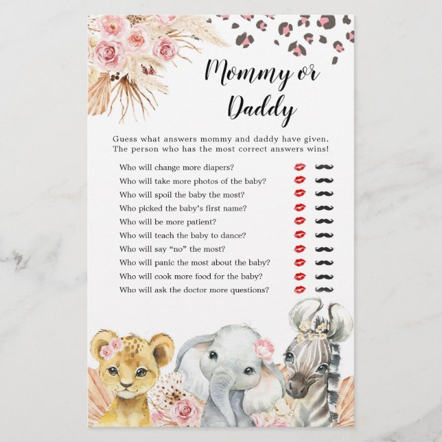 Pink Boho Safari Party Animals Girl Mummy or Daddy (Front)