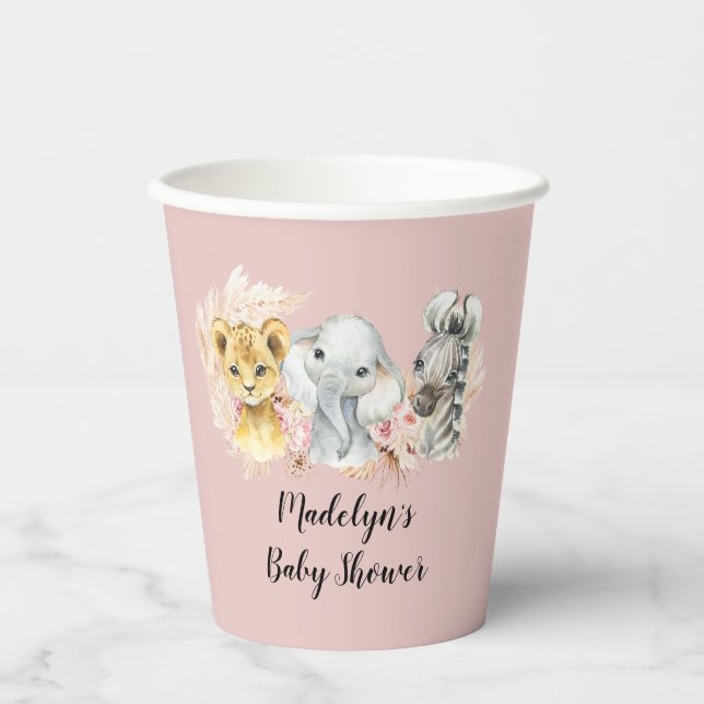 Pink Boho Safari Party Animals Girl Paper Cup (Front)