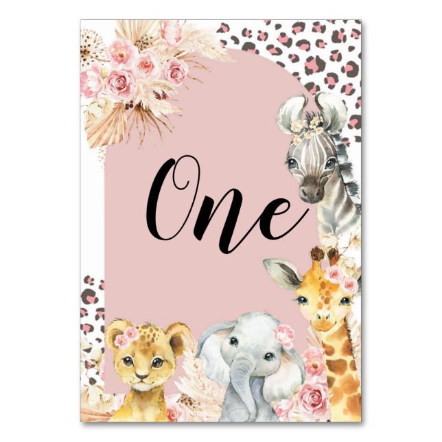 Pink Boho Safari Party Animals Girl Table Number (Front)