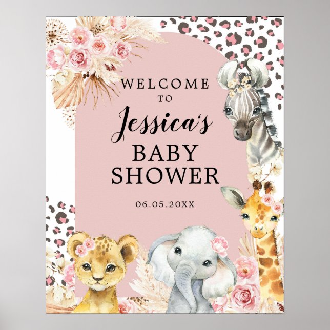 Pink Boho Safari Party Animals Girl Welcome Sign (Front)