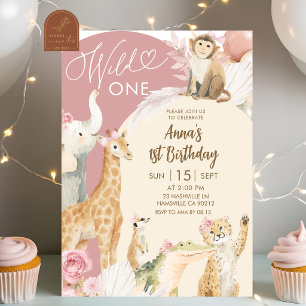 Pink Boho Safari Wild One Birthday Invitation