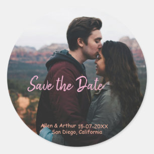 pink boho save the date QR add website name phot Classic Round Sticker
