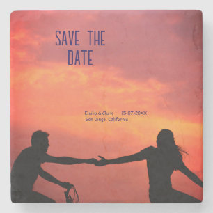 pink boho save the date QR add website name phot Stone Coaster