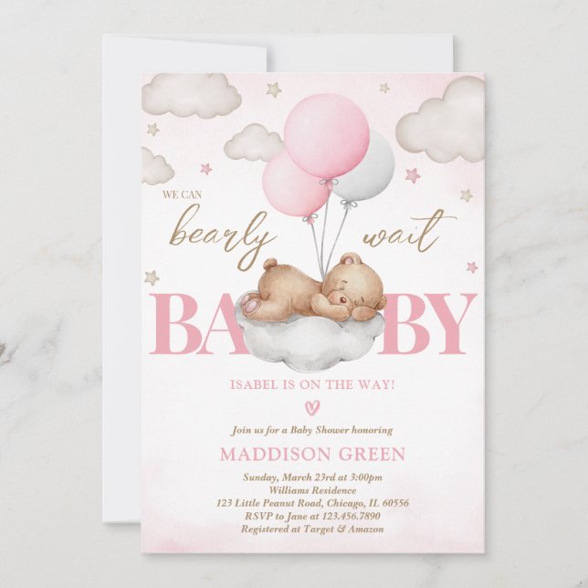 Pink Boho Sleeping Bear Girl Baby Shower Invitation (Front)