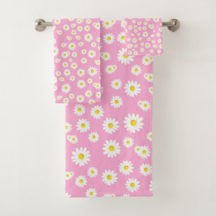 Pink Boho Spring Daisies Pattern Bath Towel Set