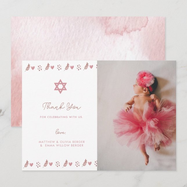 Pink Boho Star of David Jewish  Thank You Card (Front/Back)
