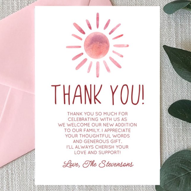 Pink Boho Sunshine Baby Shower Thank You Card (Creator Uploaded)