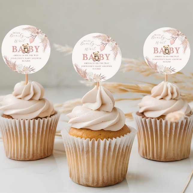 Pink Boho Teddy Bear Baby Shower Girl Baby Classic Round Sticker (Creator Uploaded)