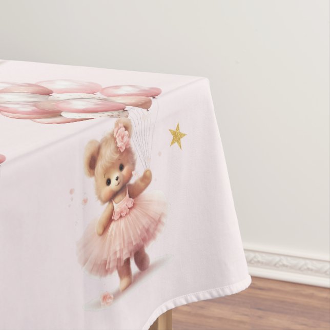 pink boho teddy bear girl baby shower tablecloth (In Situ)