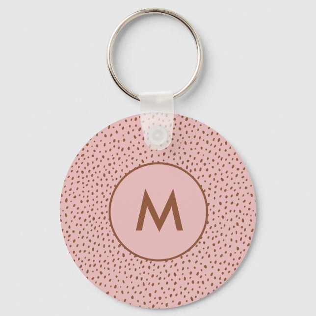 Pink & Boho Terracotta Brown Dots Monogram Key Ring (Front)