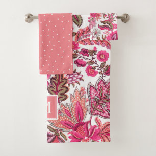 Pink Boho Vintage Floral Monogram Bath Towel Set