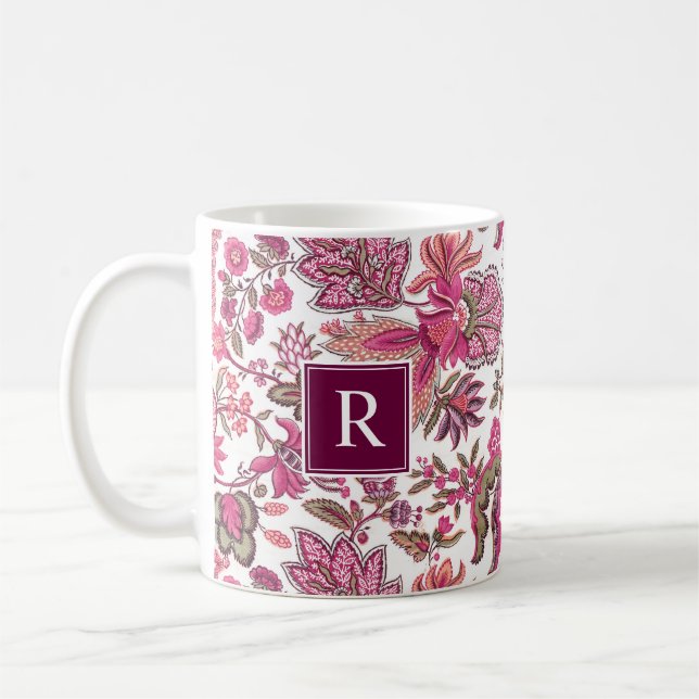 Pink Boho Vintage Floral Monogram Coffee Mug (Left)
