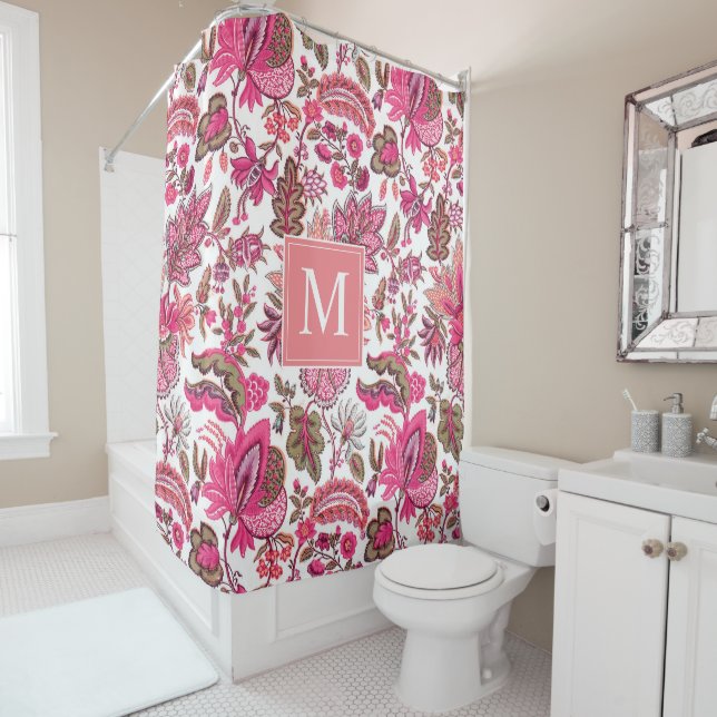 Pink Boho Vintage Floral Monogram Shower Curtain (In Situ)