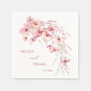 Pink Boho Watercolor Flowers Your Names Wedding Napkin