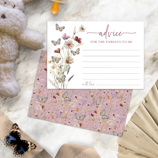 Pink Boho Wildflower Advice Card (Dusty Pink Watercolor Boho Wildflower Advice Card with Butterflies by Painted Paperie
)