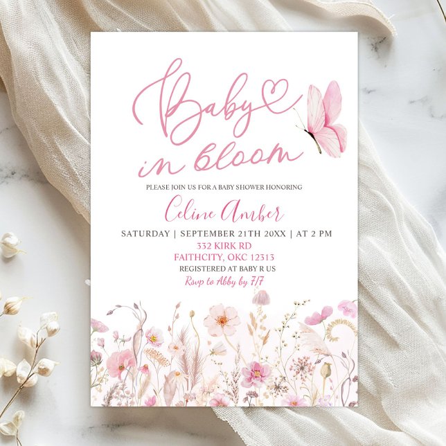 Pink Boho Wildflower Baby in Bloom Baby Shower Invitation (Creator Uploaded)