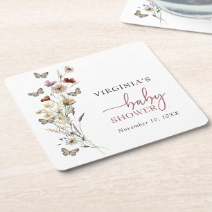 Pink Boho Wildflower Baby Shower Coaster