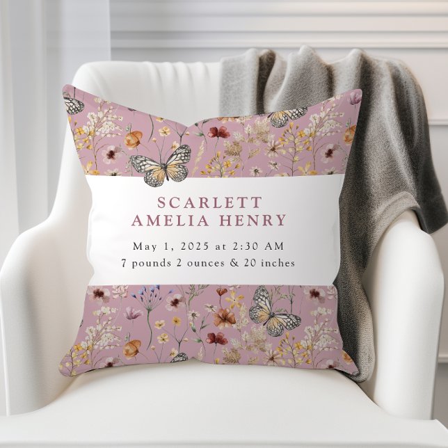 Pink Boho Wildflower Baby Stats Cushion (Dusty Pink Boho Wildflower Baby Stats Throw Pillow with Butterflies by Painted Paperie
)